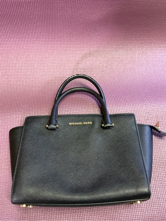 Michael Michael Kors Saffiano Leather Top Handle Bag - Black  MICHAEL KORS Black Saffiano Leather Top-Handle Satchel with Gold Hardware